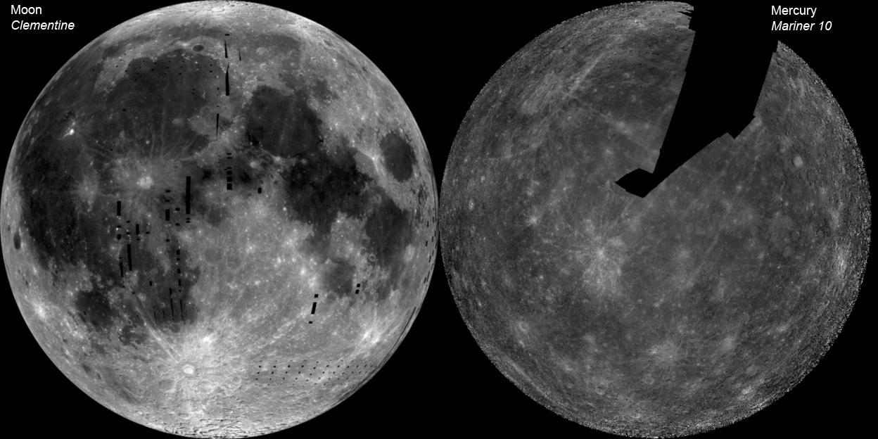 The image of the Moon left is a mosaic of images from NASA Clementine. The Mercury image right is a NASA Mariner 10 mosaic.