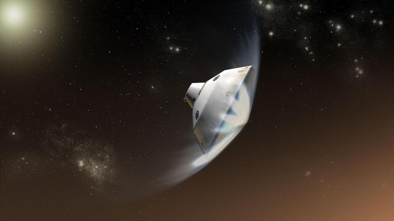 This artist concept depicts the interaction of NASA Mars Science Laboratory spacecraft with the upper atmosphere of Mars during the entry, descent and landing of the Curiosity rover onto the Martian surface.