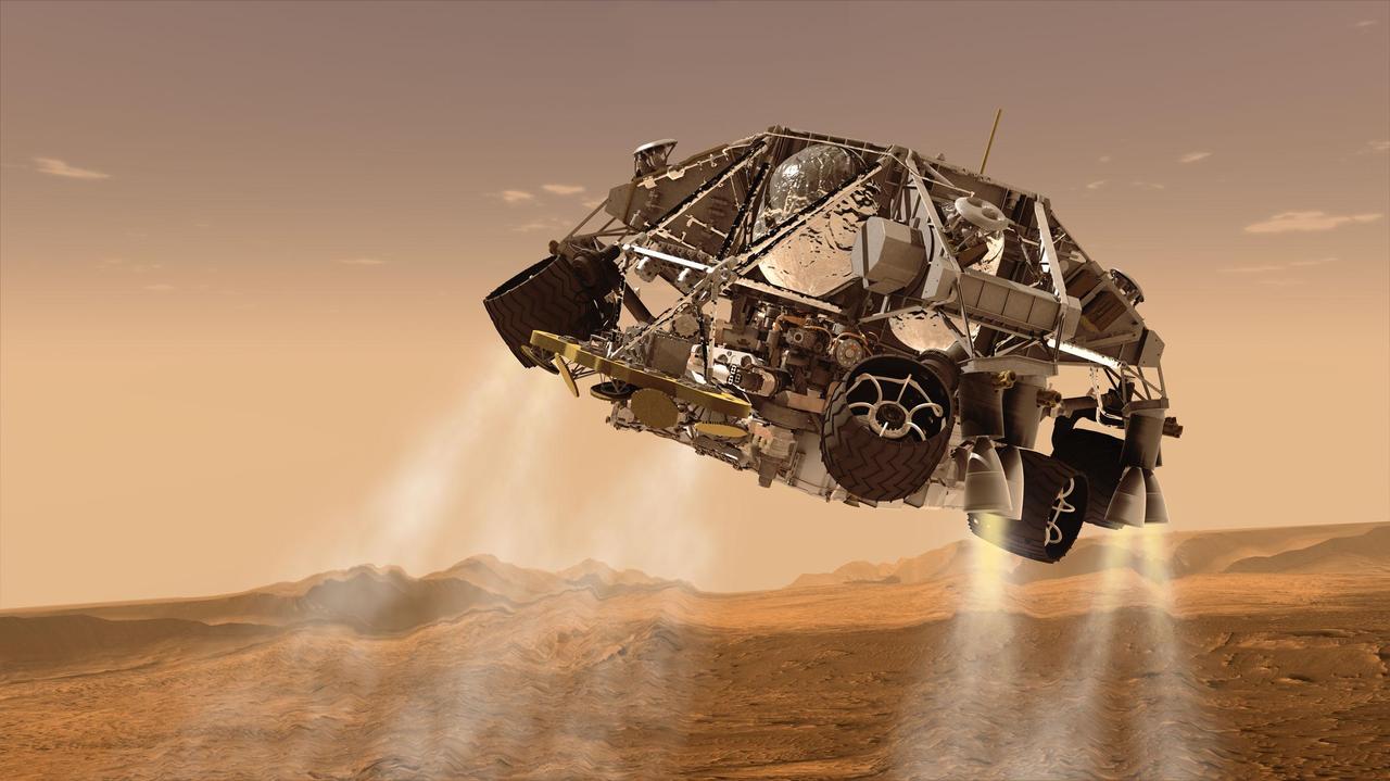 This is an artist concept of the rover and descent stage for NASA Mars Science Laboratory spacecraft during the final minute before the rover, Curiosity, touches down on the surface of Mars.
