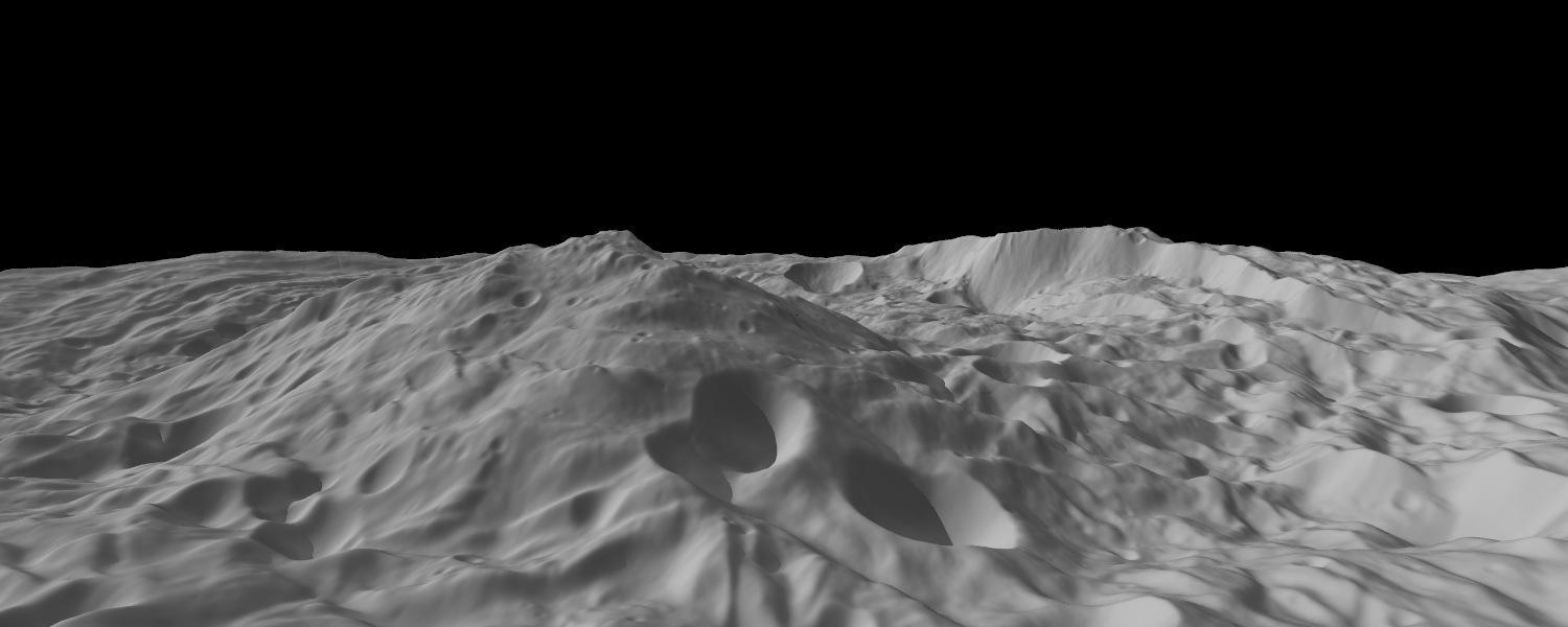 This image of asteroid Vesta, from NASA Dawn spacecraft, calculated from a shape model, shows a tilted view of the topography of the south polar region. This perspective removes the overall curvature of Vesta, as if the giant asteroid were flat and not