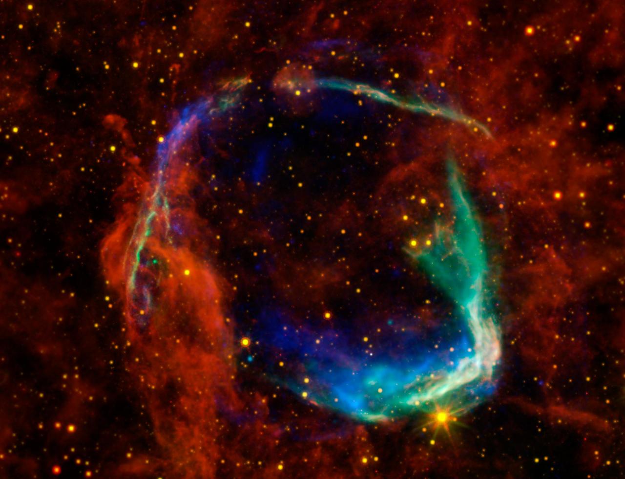 This image combines data from four different space telescopes to create a multi-wavelength view of all that remains of the oldest documented example of a supernova, called RCW 86.