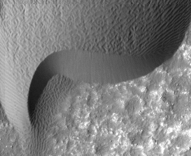 A rippled dune front in Herschel Crater on Mars moved an average of about two meters about two yards between March 3, 2007 and December 1, 2010, as seen in one of two images from NASA Mars Reconnaissance Orbiter.