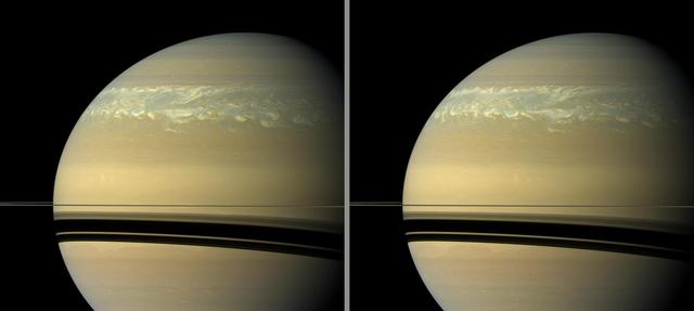 These two natural color views taken 11 hours -- one Saturn day -- apart by NASA Cassini spacecraft help scientists measure wind speeds in the huge storm seen here in the planet northern hemisphere.
