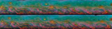 With kaleidoscopic forms and hues, these two false-color views from NASA Cassini spacecraft show the patterns that come and go in the course of one Saturn day within the huge storm in the planet northern hemisphere.