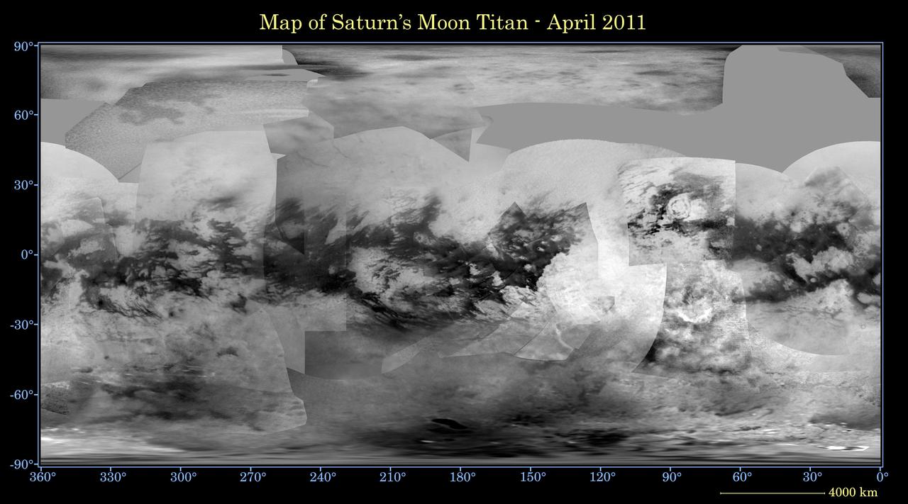This global digital map of Saturn moon Titan was created using images taken by NASA Cassini spacecraft imaging science subsystem ISS. Because of the scattering of light by Titan dense atmosphere, no topographic shading is visible here.