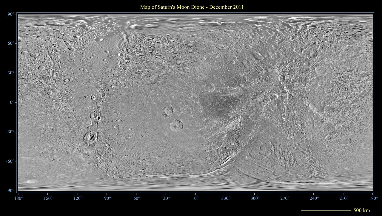 This global map of Saturn moon Dione was created using images taken during flybys by NASA Cassini spacecraft. This global map of Saturn moon Dione was created using images taken during flybys by NASA Cassini spacecraft.