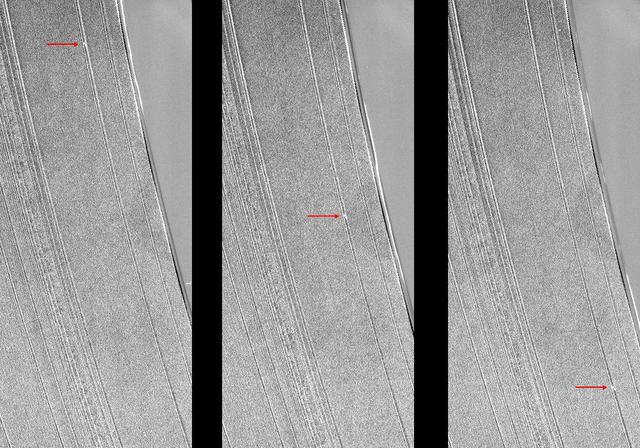 These three images from NASA Cassini spacecraft show a propeller-shaped structure created by an unseen moon in Saturn A ring.