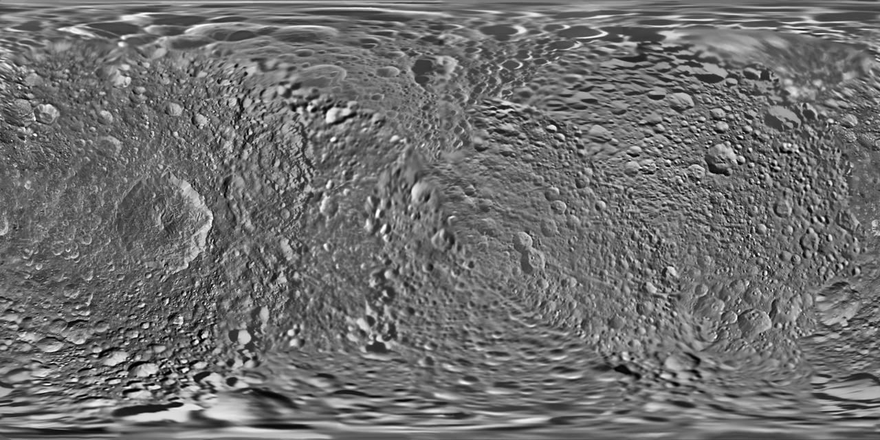 This global map of Saturn moon Mimas was created using images taken during NASA Cassini spacecraft flybys, with Voyager images filling in the gaps in Cassini coverage.