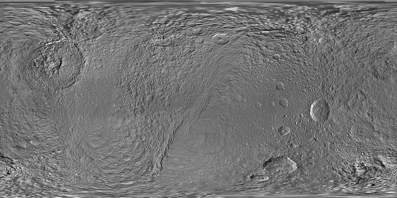 This global map of Saturn moon Tethys was created using images taken during flybys of NASA Cassini spacecraft.