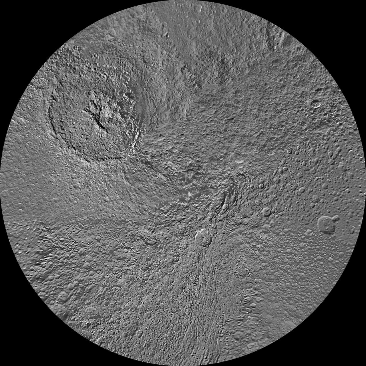 The northern hemisphere of Tethys is seen in this polar stereographic map, mosaicked from the best-available images from NASA Cassini spacecraft.