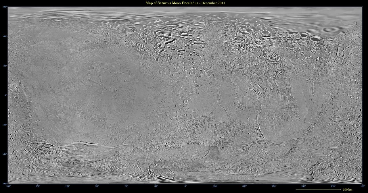 This mosaic shows an updated global map of Saturn icy moon Enceladus, created using images taken during flybys of NASA Cassini spacecraft. The map incorporates new images taken during flybys in December 2011.
