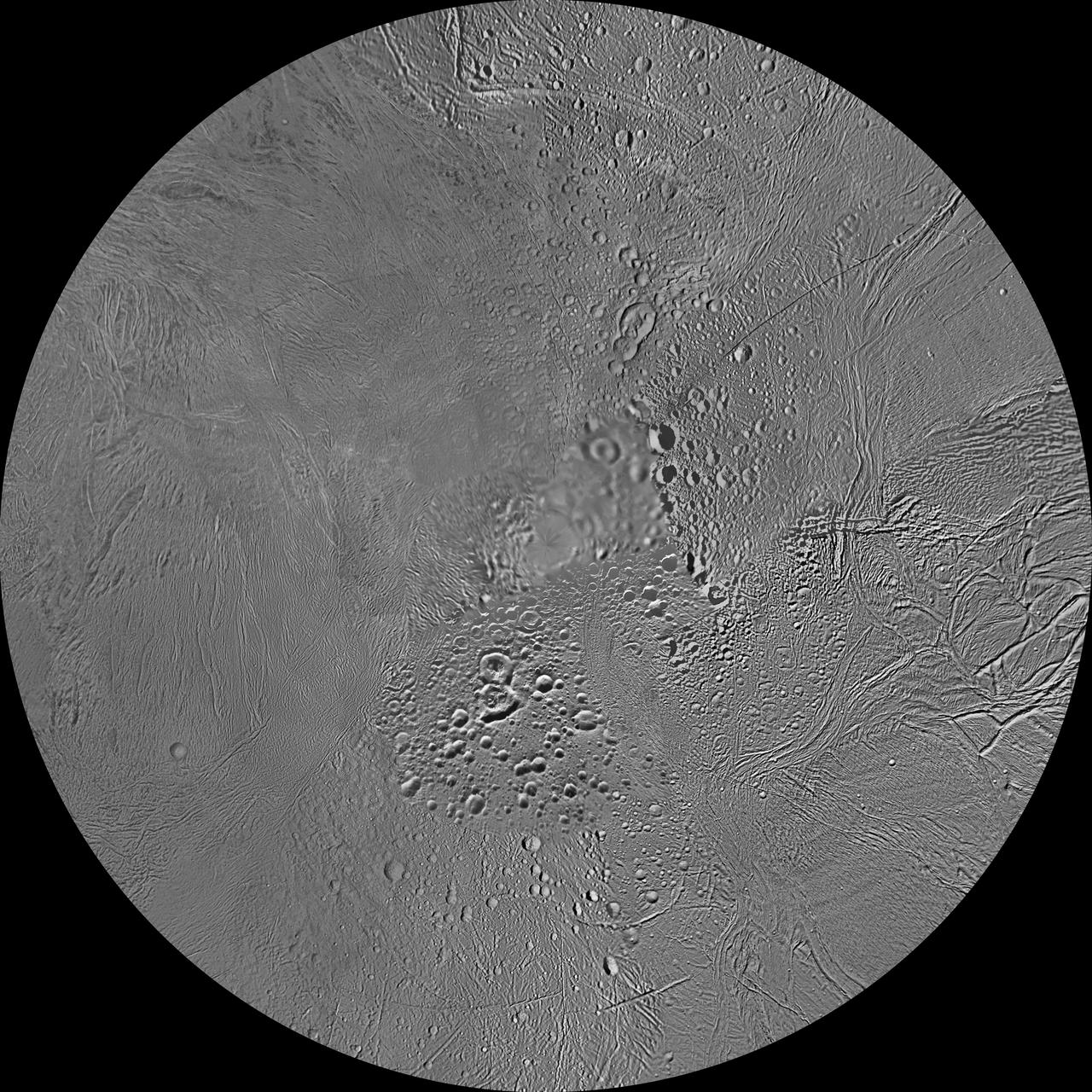 The northern and southern hemispheres of Enceladus are seen in these polar stereographic maps, mosaicked from the best-available NASA Cassini clear-filter images.