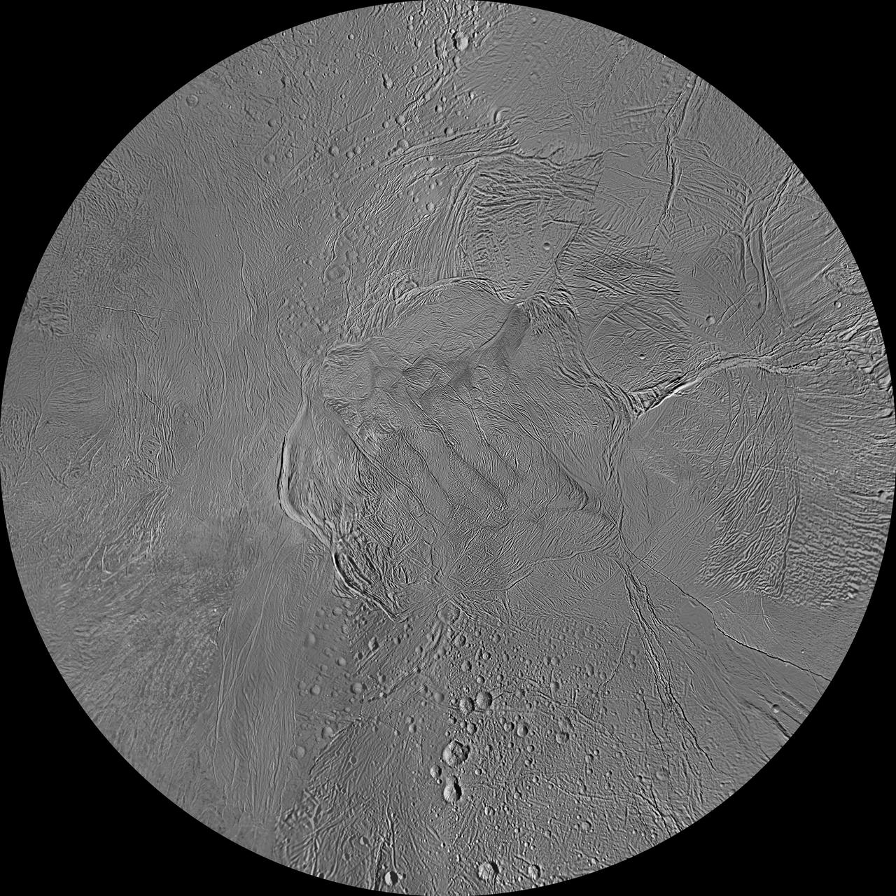 The northern and southern hemispheres of Enceladus are seen in these polar stereographic maps, mosaicked from the best-available NASA Cassini clear-filter images.