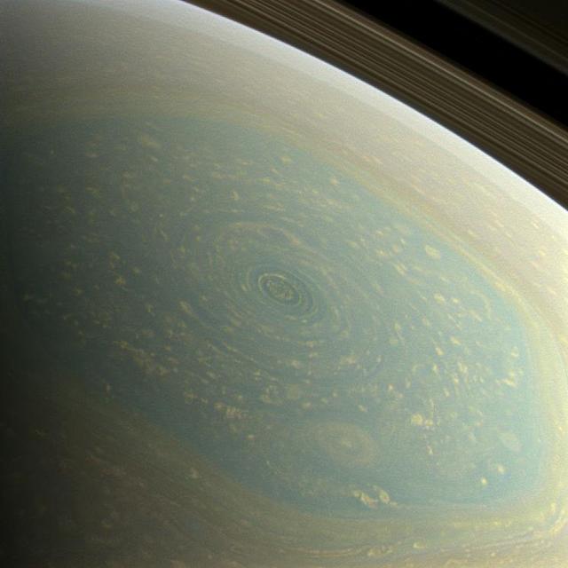 The north pole of Saturn, in the fresh light of spring, is revealed in this color image from NASA Cassini spacecraft. The north pole was previously hidden from the gaze of Cassini.