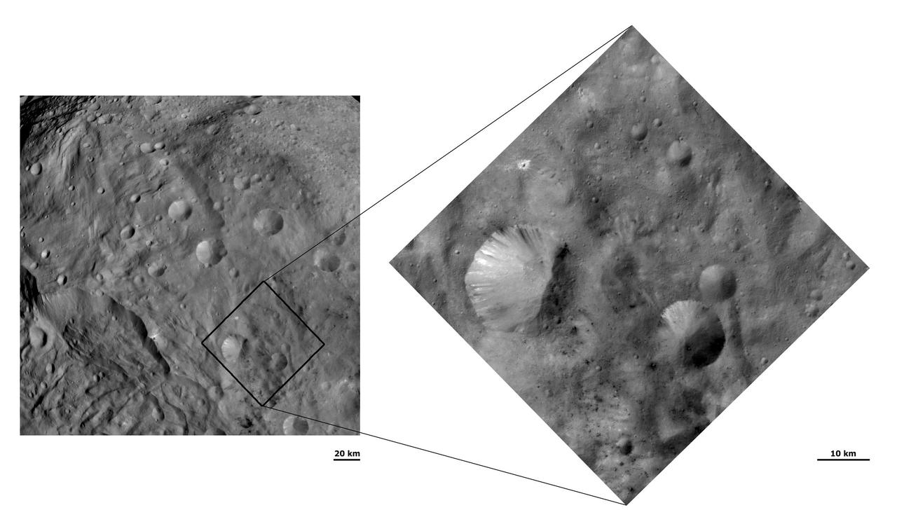 This image from NASA Dawn spacecraft shows craters with both sharp and smooth crater rims in asteroid Vesta southern hemisphere. Detailed structure is seen more readily in the the image with a smaller view at right.