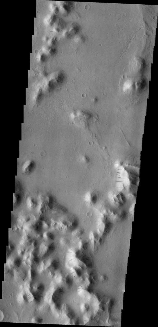 Dark slope streaks are visible in this image of Amazonis Planitia captured by NASA 2001 Mars Odyssey spacecraft.