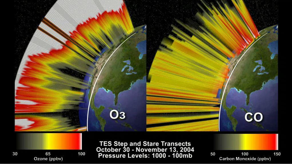 This frame from an animation depicts the distribution of O3 and CO in the atmosphere over North America. This visualization is based on data acquired by NASA Tropospheric Emission Spectrometer TES.