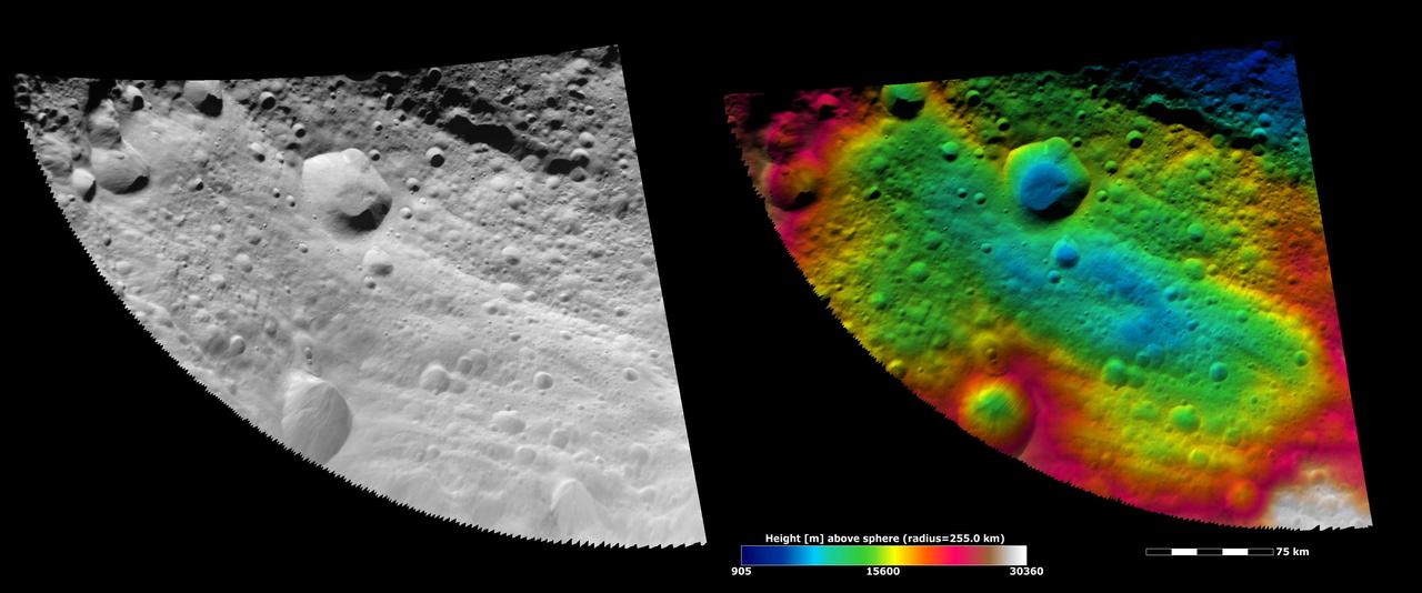 These images show part of asteroid Vesta equatorial region, which contains impact craters and troughs linear depressions.