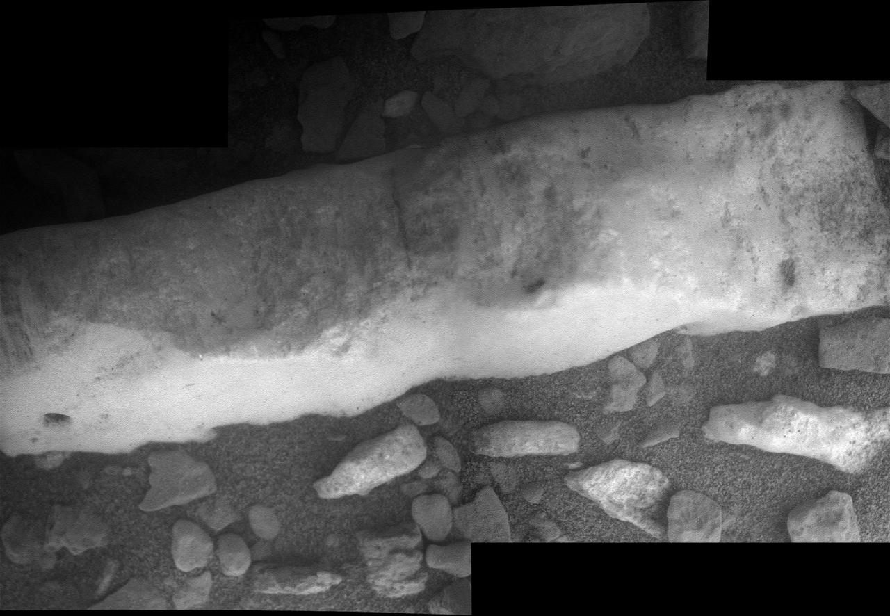 This close-up view of a mineral vein called Homestake comes from the microscopic imager on NASA Mars Exploration Rover Opportunity; the vein is found to be rich in calcium and sulfur, possibly the calcium-sulfate mineral gypsum.
