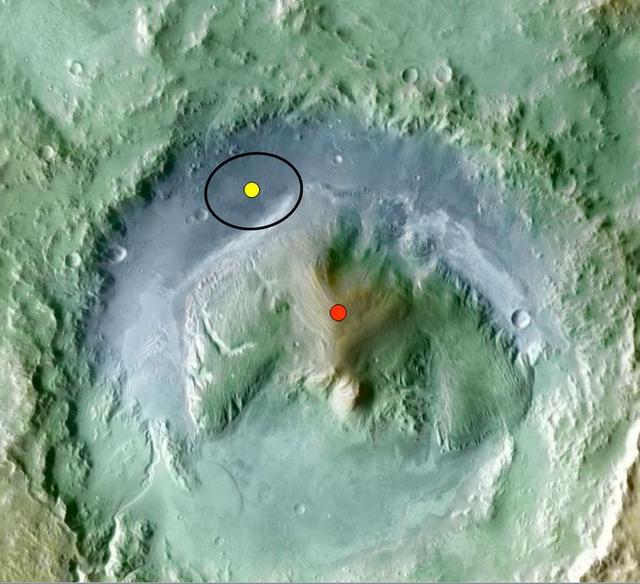 Color coding in this image of Gale Crater on Mars represents differences in elevation. The vertical difference from a low point inside the landing ellipse for NASA Mars Science Laboratory yellow dot to a high point on the mountain inside the crater.