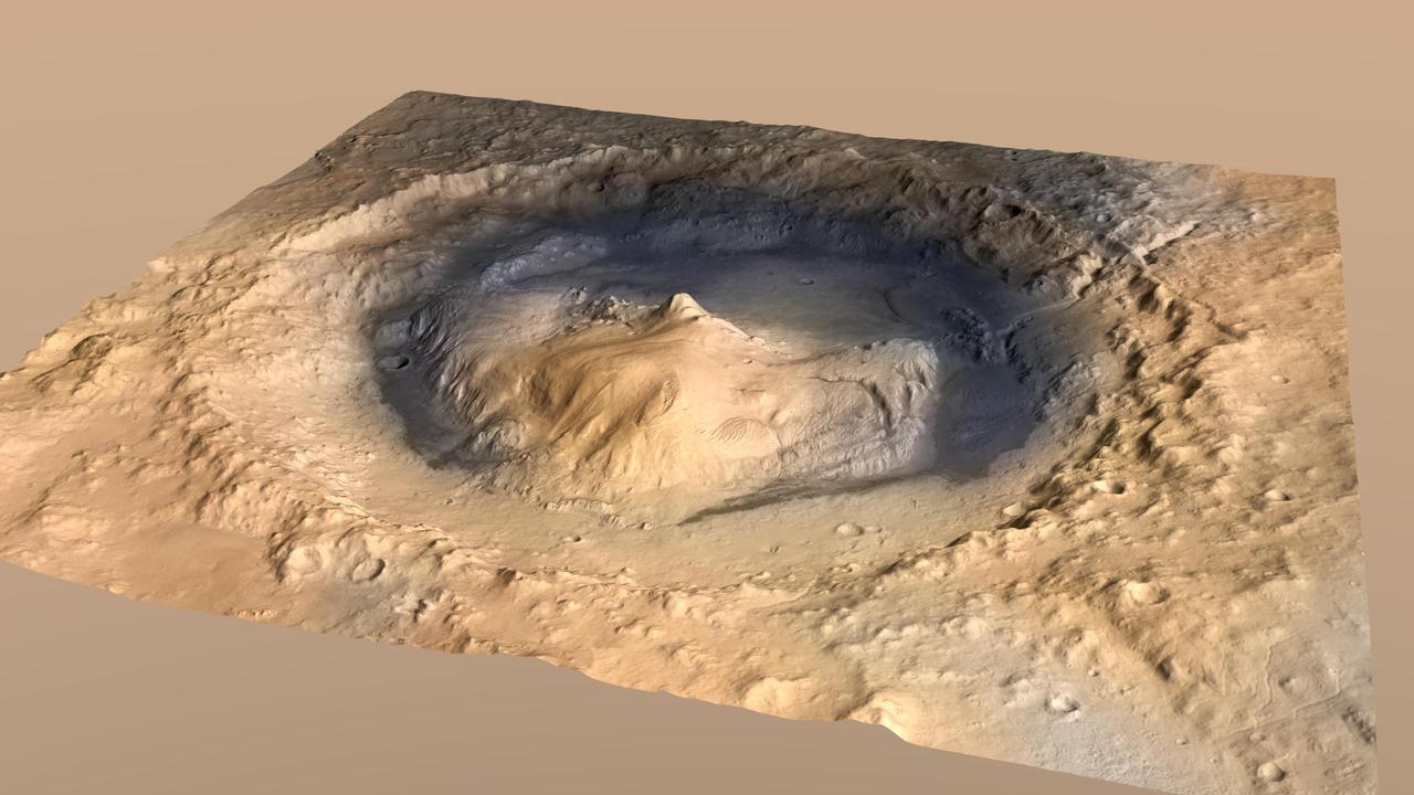 Gale Crater, where the rover Curiosity of NASA Mars Science Laboratory mission will land in August 2012, contains a mountain rising from the crater floor.