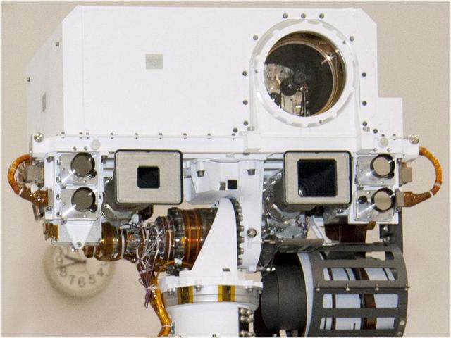 This view of the head of the remote sensing mast on the Mars Science Laboratory mission rover, Curiosity, shows seven of the 17 cameras on the rover.
