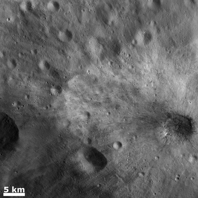 This image from NASA Dawn spacecraft shows a young, fresh crater, which is about 7 km in diameter, on asteroid Vesta. This crater has both dark and bright rays fanning out from it.