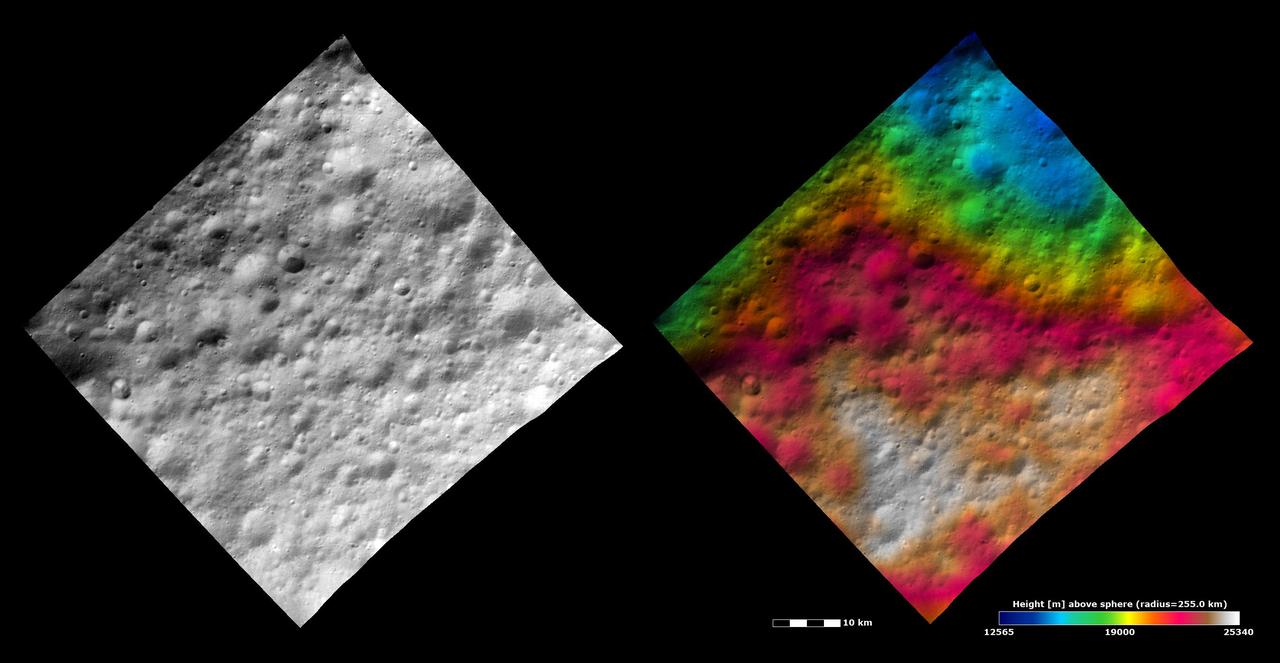 These images from NASA Dawn spacecraft show part of Lucaria Tholus quadrangle in asteroid Vesta northern hemisphere. Lucaria Tholus quadrangle is in Vesta heavily cratered northern hemisphere.