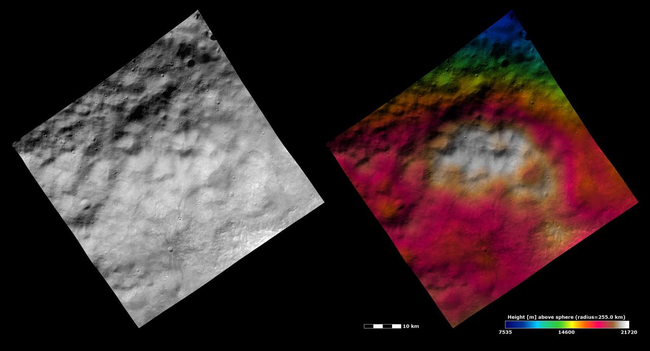 These images from NASA Dawn spacecraft show part of the ejecta blanket from Vesta Snowman craters in the northern hemisphere. The ejecta blanket fills the whole image and is identified by its hummocky yet smooth texture.