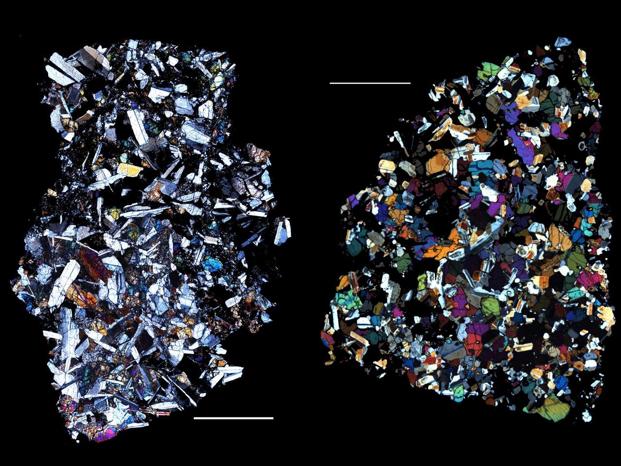 These images are of HED howardite, eucrite and diogenite meteorites, a large group of meteorites believed to originate from asteroid Vesta, a hypothesis that is consistent with current Dawn observations.