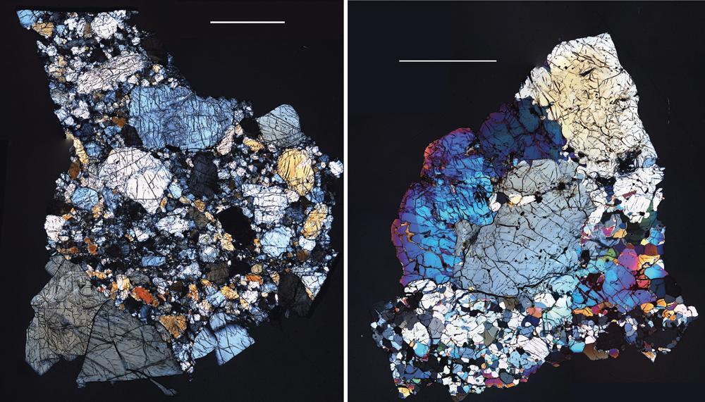 These images are of HED howardite, eucrite and diogenite meteorites are a large group of meteorites believed to originate from asteroid Vesta, a hypothesis that is consistent with current Dawn observations.