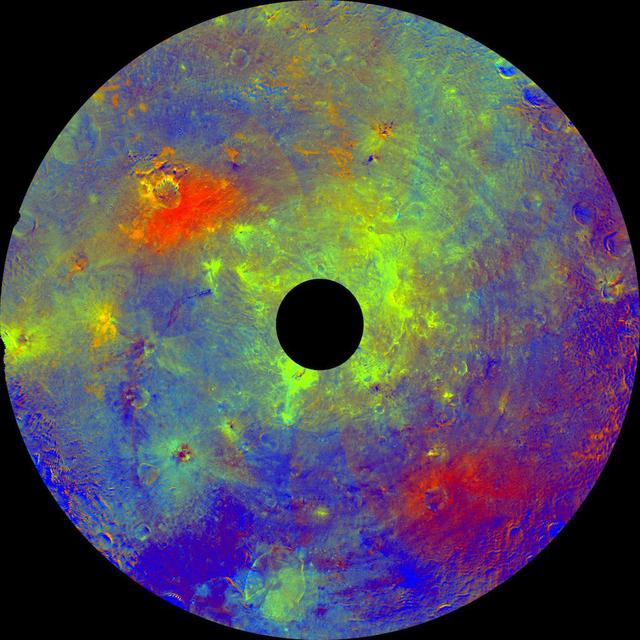 This image using color data obtained by the framing camera aboard NASA Dawn spacecraft shows asteroid Vesta southern hemisphere in color, centered on the Rheasilvia formation.
