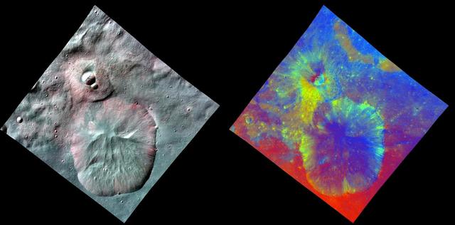 This image combines two separate views of the giant asteroid Vesta obtained by NASA Dawn spacecraft. The data reveal a world of many varied, well-separated layers and ingredients.