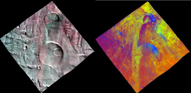 This image combines two separate views of the giant asteroid Vesta obtained by NASA Dawn spacecraft. The fresh impact craters in this view are located in the south polar region, which has been partly covered by landslides from the adjacent crater.