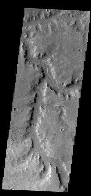 This image from NASA 2001 Mars Odyssey spacecraft shows a portion of Naktong Vallis in Terra Sabaea.