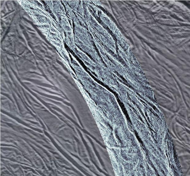 This image using synthetic-aperture radar SAR data acquired by NASA Cassini spacecraft shows grooves in the southern part of Saturn moon Enceladus.