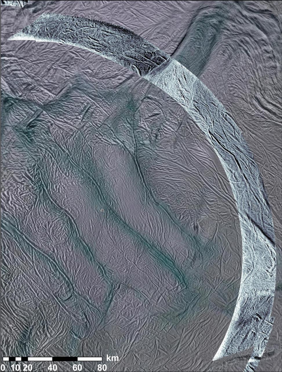 NASA Cassini spacecraft obtained this view of the south polar area of Saturn moon Enceladus in visible and near-visible ultraviolet and infrared light and synthetic-aperture radar SAR.