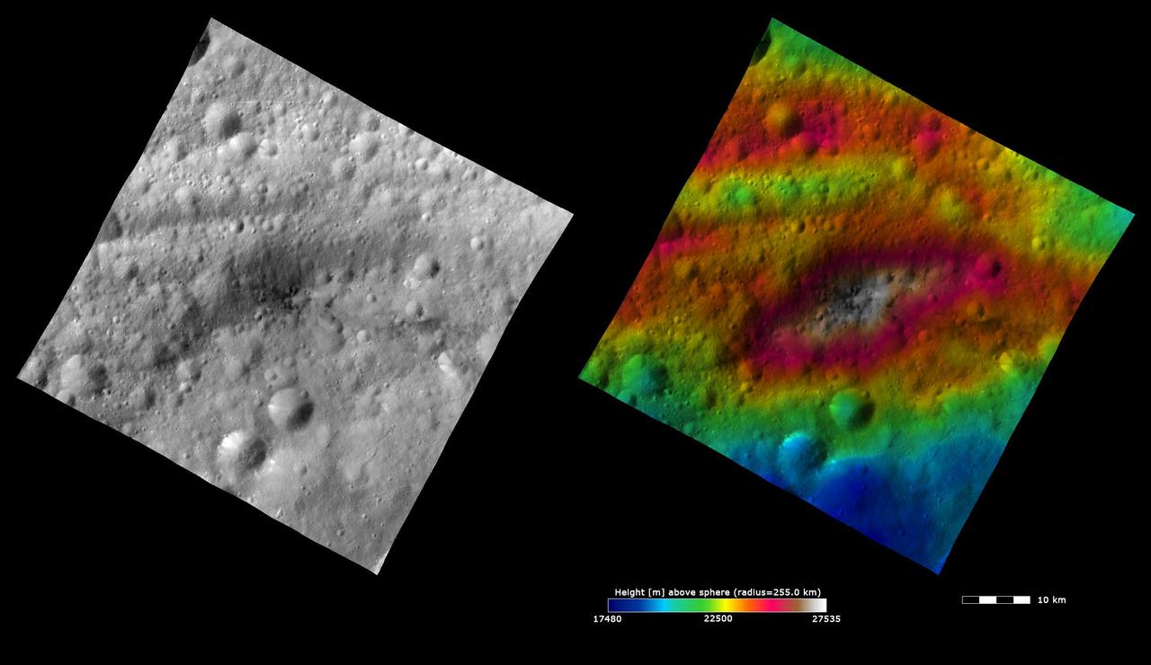 These images from NASA Dawn spacecraft show Lucaria Tholus on asteroid Vesta, after which Lucaria quadrangle is named. Lucaria Tholus is the large, roughly elliptically shaped hill in the center of the image.