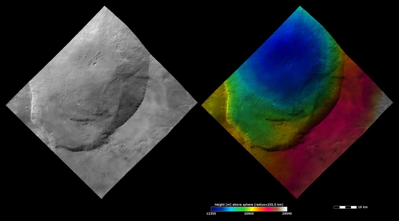 These images from NASA Dawn spacecraft show Marcia crater, after which Marcia quadrangle is named. Marcia crater is the largest and southernmost of the three Vestan craters nicknamed the Snowman.