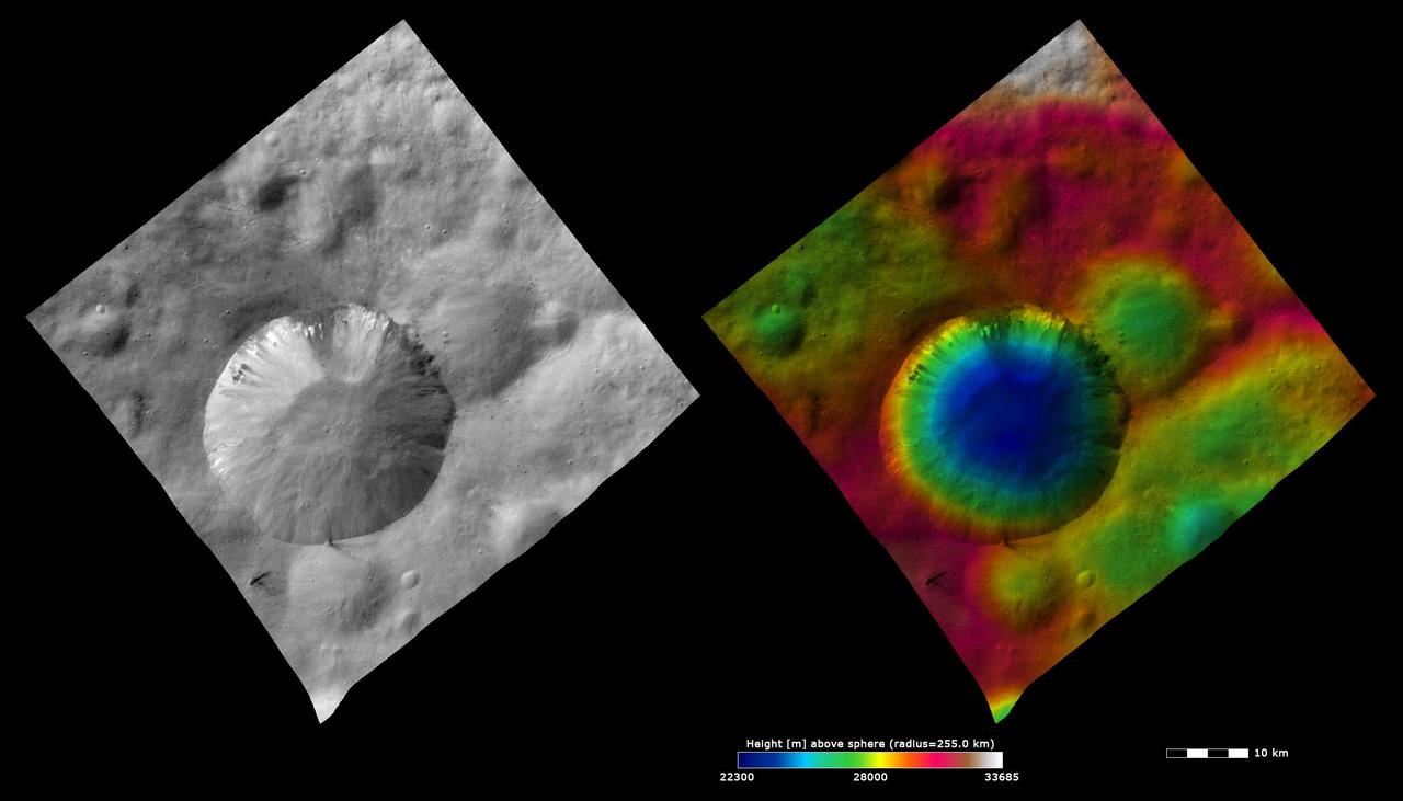 These images from NASA Dawn spacecraft show the ~20km diameter Numisia crater on asteroid Aster, after which Numisia quadrangle is named.