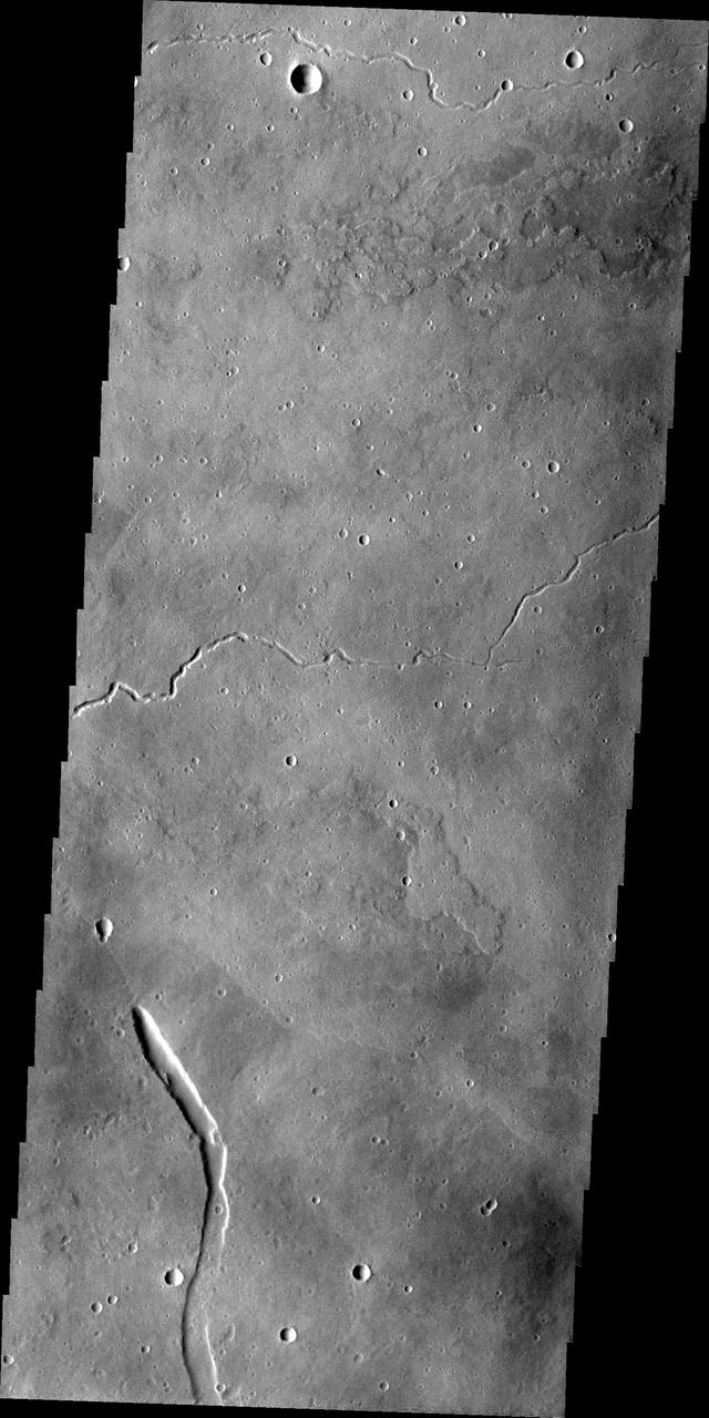 This image from NASA 2001 Mars Odyssey spacecraft shows part of the eastern flank of Elysium Mons. The small channels were likely created due to the flow of lava, rather than water.