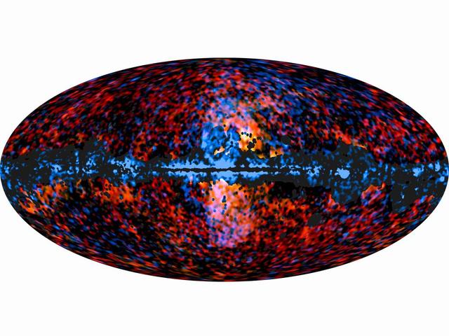 This all-sky image shows the distribution of the galactic haze seen by ESA Planck mission at microwave frequencies superimposed over the high-energy sky, as seen by NASA Fermi Gamma-ray Space Telescope.