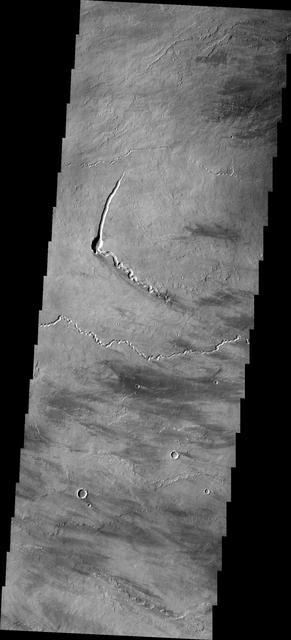 The small channels seen in this image from NASA 2001 Mars Odyssey spacecraft are lava channels just southeastern of Pavonis Mons.