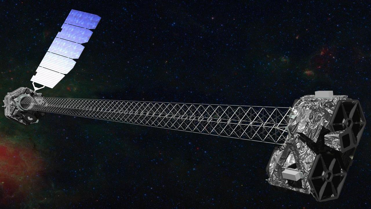 This is an artist concept of NASA NuSTAR spacecraft which has a 10-meter mast that deploys after launch to separate the optics modules right from the detectors in the focal plane left.