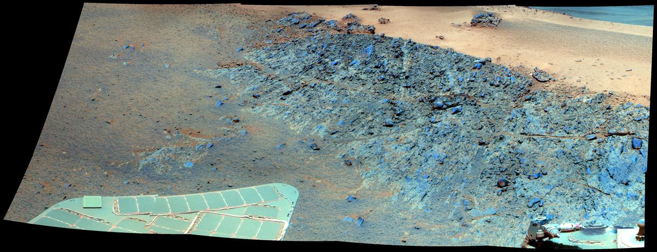 This false color mosaic from NASA rover Opportunity shows a north-facing outcrop, informally named Greeley Haven. This site optimizes Opportunity solar energy as winter approaches.