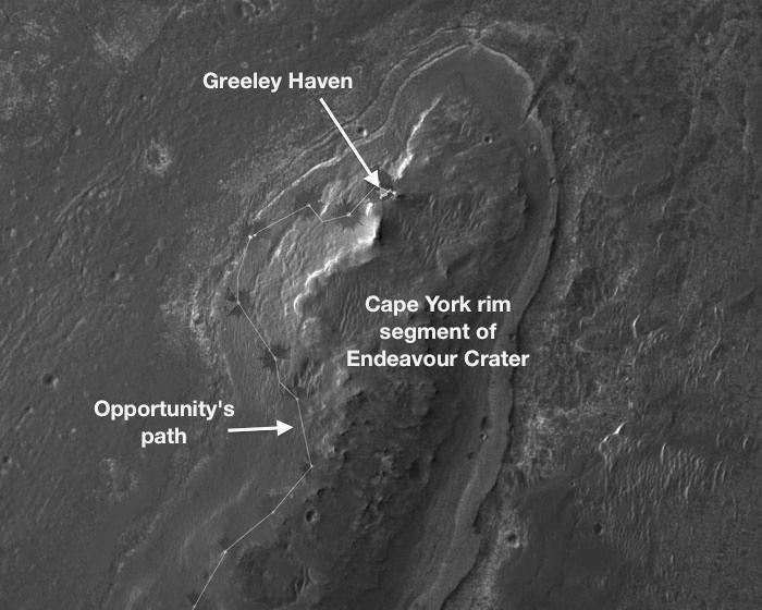 NASA Mars Exploration Rover Opportunity will spend its fifth Martian winter working at a location informally named Greeley Haven. This image indicates the location of Greeley Haven on Cape York.