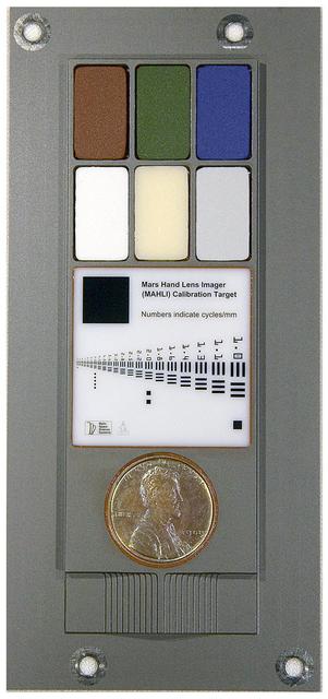 This image provides a way to have a full-size printout of the calibration target for the Mars Hand Lens Imager MAHLI camera on NASA Mars rover Curiosity.