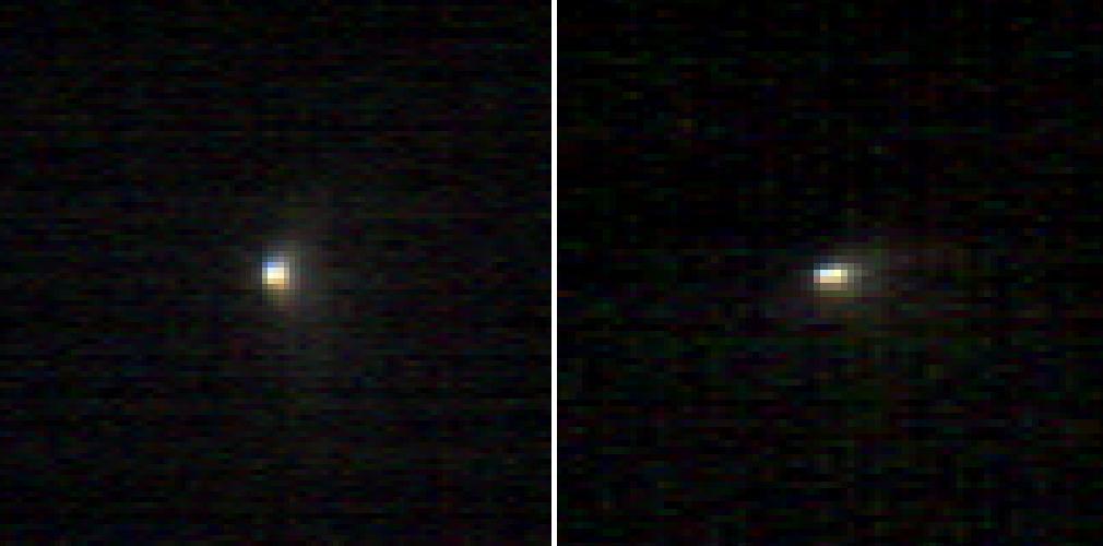 These two infrared images of comet C/2013 A1 Siding Spring were taken by the Compact Reconnaissance Imaging Spectrometer for Mars CRISM aboard NASA Mars Reconnaissance Orbiter on Oct. 19, 2014.