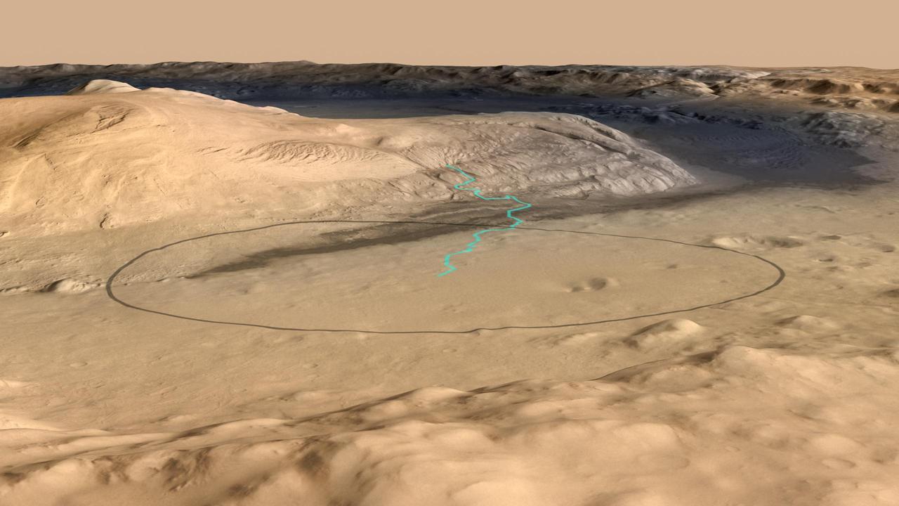 This image shows the target landing area for Curiosity, the rover of NASA Mars Science Laboratory mission. The target, called Mount Sharp, is near the foot of a mountain inside Gale Crater.