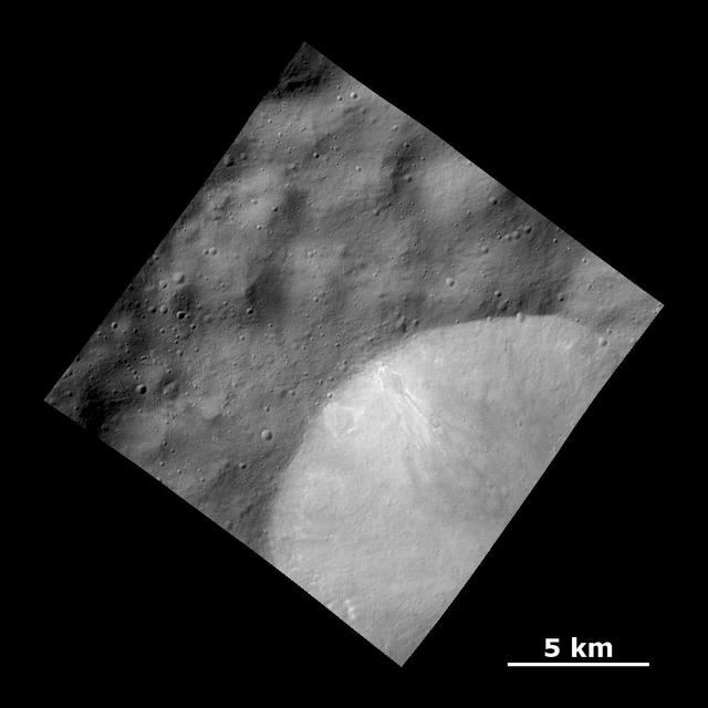 This image from NASA Dawn spacecraft shows a relatively fresh crater with bright deposits exposed in the crater wall that streak downslope on the giant asteroid Vesta.